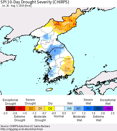 Korea SPI 10-Day Drought Severity (CHIRPS) Thematic Map For 7/26/2019 - 8/5/2019