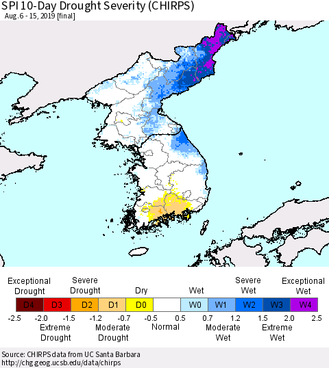 Korea SPI 10-Day Drought Severity (CHIRPS) Thematic Map For 8/6/2019 - 8/15/2019