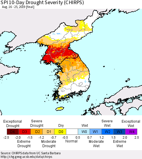 Korea SPI 10-Day Drought Severity (CHIRPS) Thematic Map For 8/16/2019 - 8/25/2019