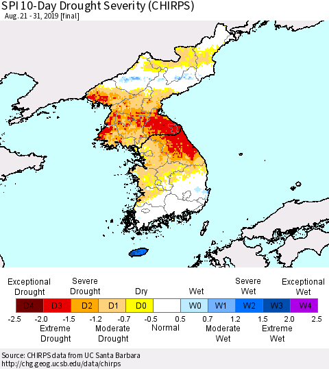 Korea SPI 10-Day Drought Severity (CHIRPS) Thematic Map For 8/21/2019 - 8/31/2019