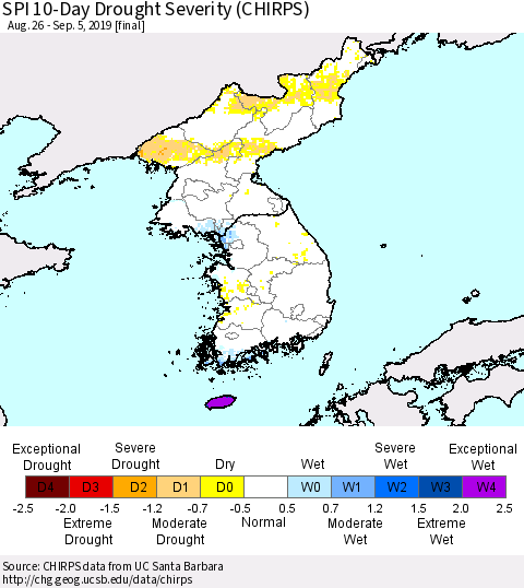 Korea SPI 10-Day Drought Severity (CHIRPS) Thematic Map For 8/26/2019 - 9/5/2019