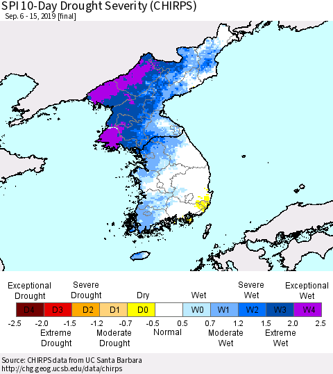 Korea SPI 10-Day Drought Severity (CHIRPS) Thematic Map For 9/6/2019 - 9/15/2019