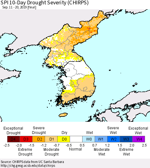 Korea SPI 10-Day Drought Severity (CHIRPS) Thematic Map For 9/11/2019 - 9/20/2019