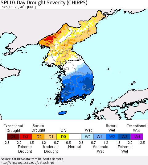 Korea SPI 10-Day Drought Severity (CHIRPS) Thematic Map For 9/16/2019 - 9/25/2019