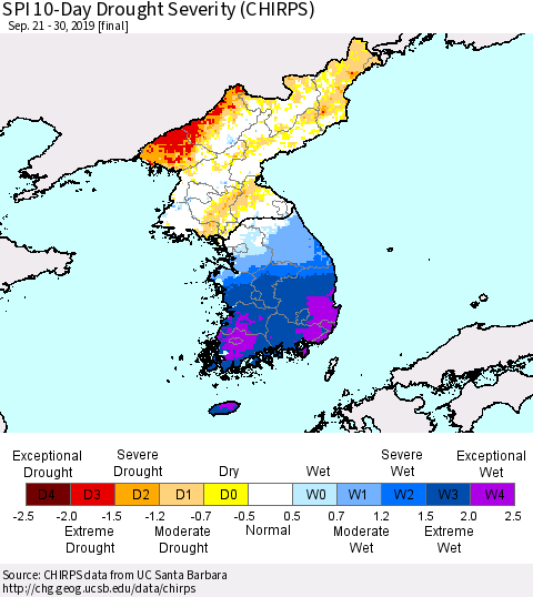 Korea SPI 10-Day Drought Severity (CHIRPS) Thematic Map For 9/21/2019 - 9/30/2019