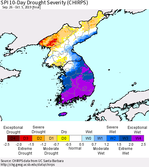 Korea SPI 10-Day Drought Severity (CHIRPS) Thematic Map For 9/26/2019 - 10/5/2019