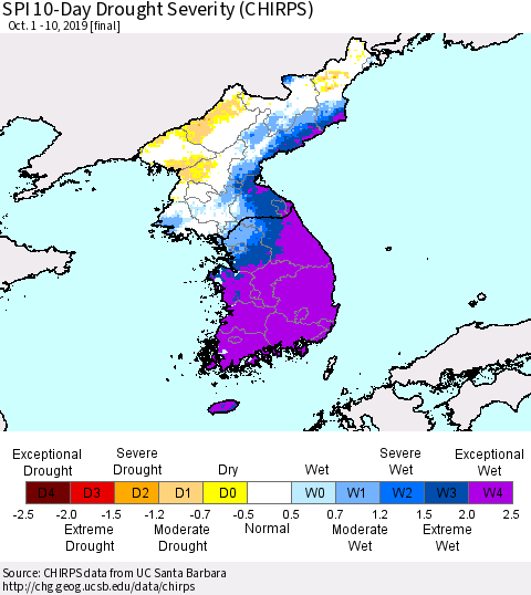 Korea SPI 10-Day Drought Severity (CHIRPS) Thematic Map For 10/1/2019 - 10/10/2019
