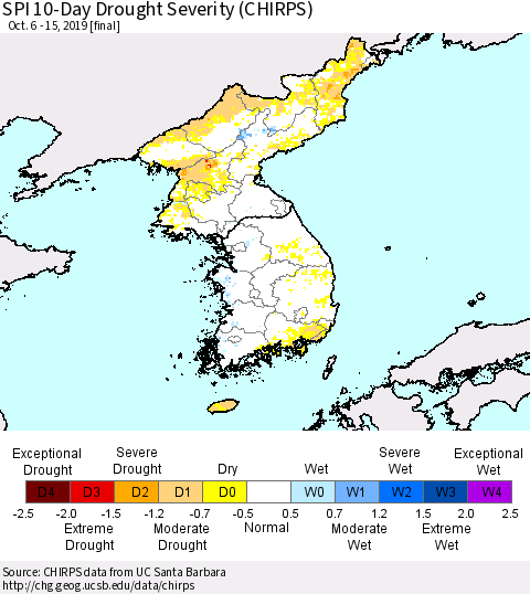 Korea SPI 10-Day Drought Severity (CHIRPS) Thematic Map For 10/6/2019 - 10/15/2019