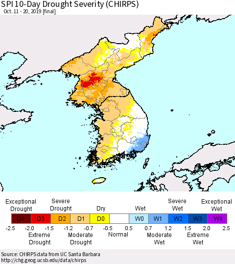Korea SPI 10-Day Drought Severity (CHIRPS) Thematic Map For 10/11/2019 - 10/20/2019