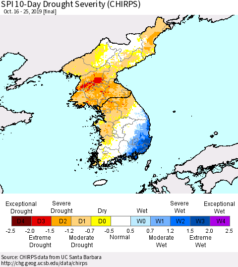 Korea SPI 10-Day Drought Severity (CHIRPS) Thematic Map For 10/16/2019 - 10/25/2019
