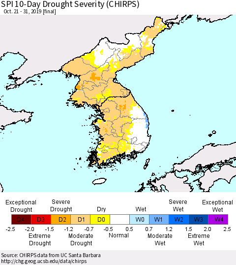 Korea SPI 10-Day Drought Severity (CHIRPS) Thematic Map For 10/21/2019 - 10/31/2019