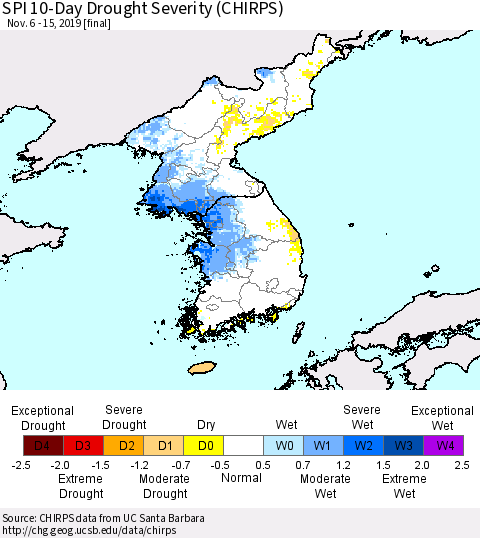 Korea SPI 10-Day Drought Severity (CHIRPS) Thematic Map For 11/6/2019 - 11/15/2019