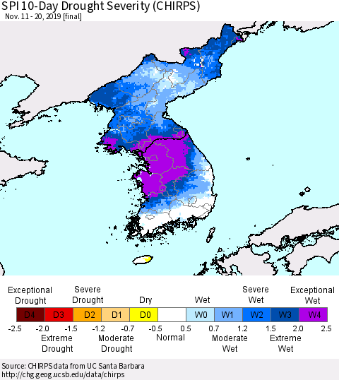 Korea SPI 10-Day Drought Severity (CHIRPS) Thematic Map For 11/11/2019 - 11/20/2019