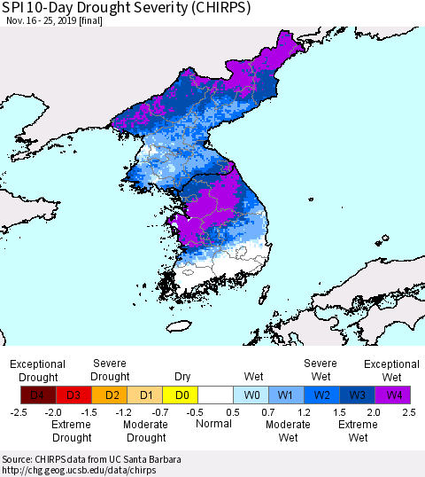 Korea SPI 10-Day Drought Severity (CHIRPS) Thematic Map For 11/16/2019 - 11/25/2019
