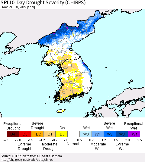 Korea SPI 10-Day Drought Severity (CHIRPS) Thematic Map For 11/21/2019 - 11/30/2019