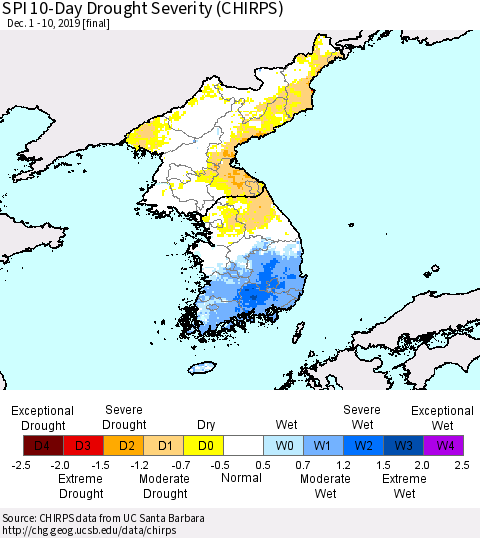 Korea SPI 10-Day Drought Severity (CHIRPS) Thematic Map For 12/1/2019 - 12/10/2019