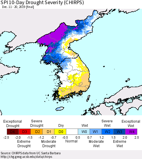 Korea SPI 10-Day Drought Severity (CHIRPS) Thematic Map For 12/11/2019 - 12/20/2019