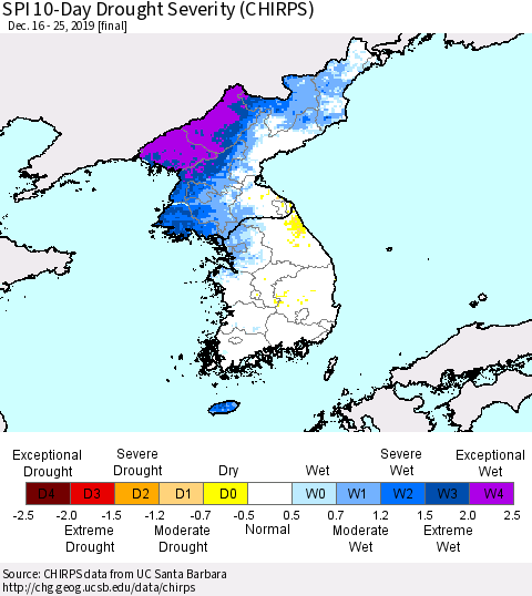 Korea SPI 10-Day Drought Severity (CHIRPS) Thematic Map For 12/16/2019 - 12/25/2019