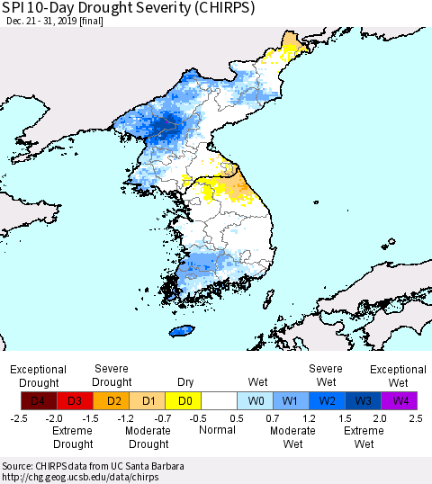 Korea SPI 10-Day Drought Severity (CHIRPS) Thematic Map For 12/21/2019 - 12/31/2019