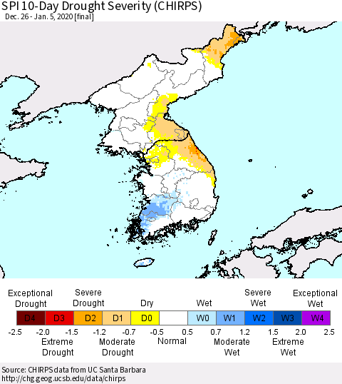 Korea SPI 10-Day Drought Severity (CHIRPS) Thematic Map For 12/26/2019 - 1/5/2020