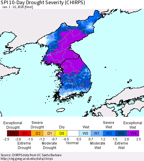 Korea SPI 10-Day Drought Severity (CHIRPS) Thematic Map For 1/1/2020 - 1/10/2020