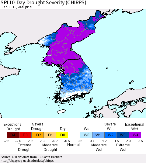 Korea SPI 10-Day Drought Severity (CHIRPS) Thematic Map For 1/6/2020 - 1/15/2020