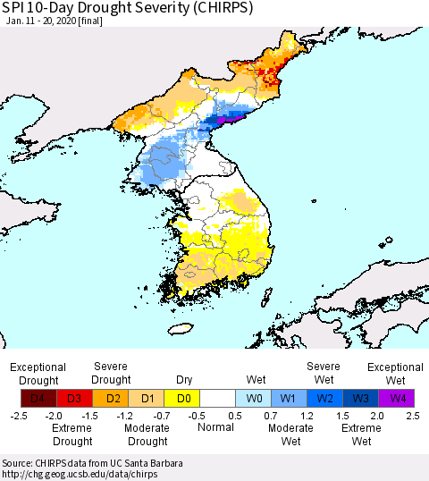 Korea SPI 10-Day Drought Severity (CHIRPS) Thematic Map For 1/11/2020 - 1/20/2020
