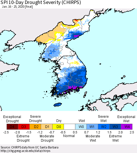 Korea SPI 10-Day Drought Severity (CHIRPS) Thematic Map For 1/16/2020 - 1/25/2020