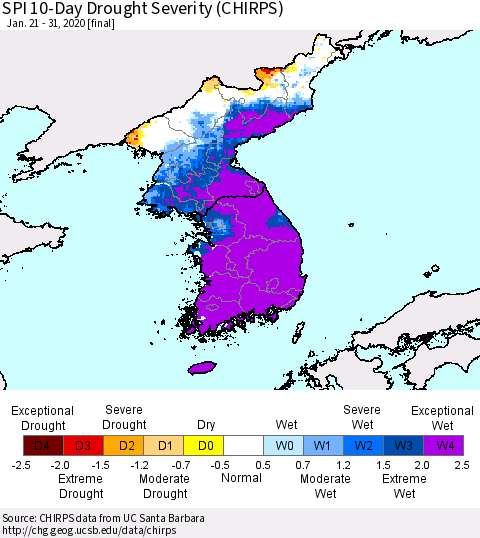 Korea SPI 10-Day Drought Severity (CHIRPS) Thematic Map For 1/21/2020 - 1/31/2020