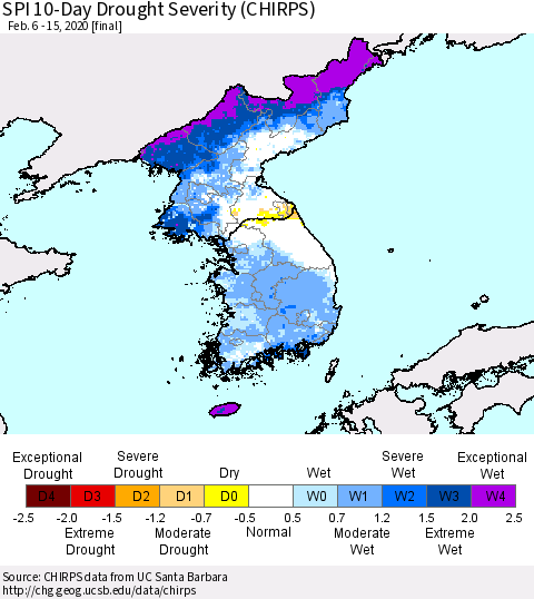 Korea SPI 10-Day Drought Severity (CHIRPS) Thematic Map For 2/6/2020 - 2/15/2020
