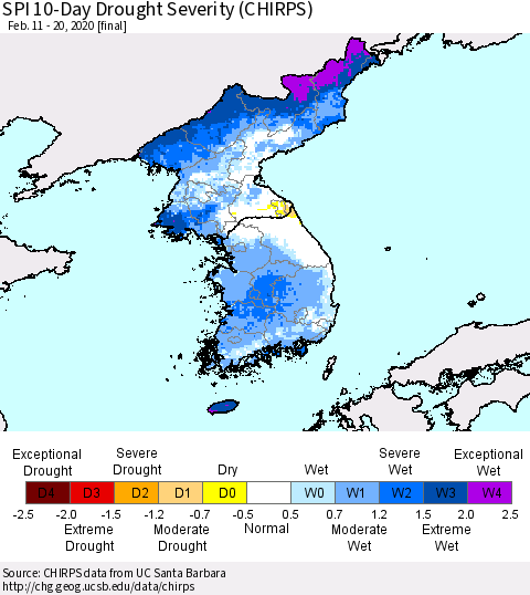 Korea SPI 10-Day Drought Severity (CHIRPS) Thematic Map For 2/11/2020 - 2/20/2020