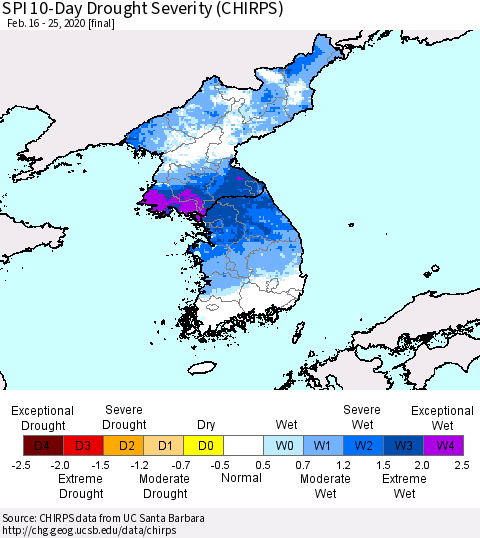 Korea SPI 10-Day Drought Severity (CHIRPS) Thematic Map For 2/16/2020 - 2/25/2020