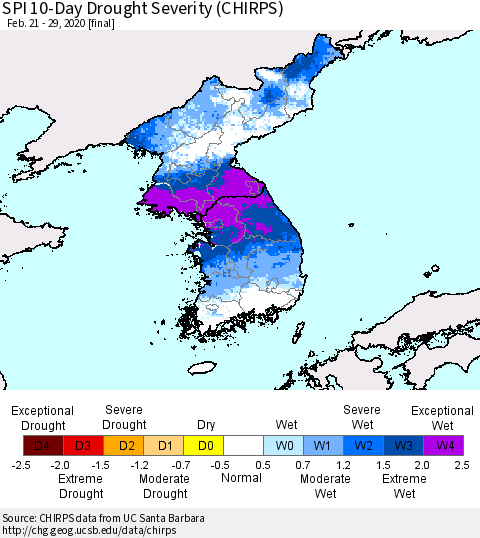 Korea SPI 10-Day Drought Severity (CHIRPS) Thematic Map For 2/21/2020 - 2/29/2020