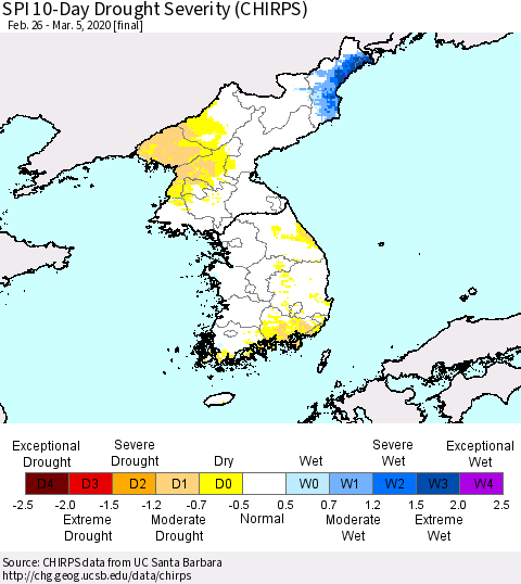 Korea SPI 10-Day Drought Severity (CHIRPS) Thematic Map For 2/26/2020 - 3/5/2020