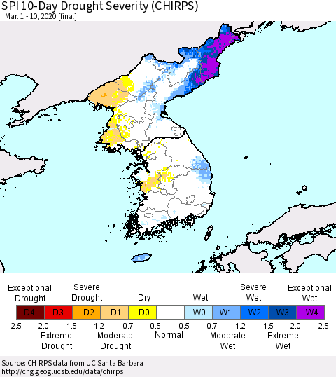 Korea SPI 10-Day Drought Severity (CHIRPS) Thematic Map For 3/1/2020 - 3/10/2020