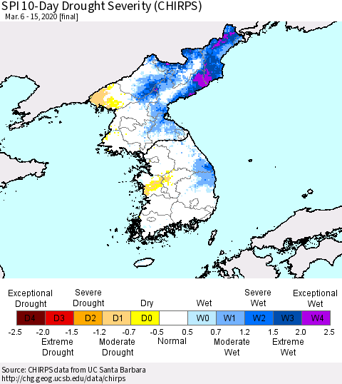 Korea SPI 10-Day Drought Severity (CHIRPS) Thematic Map For 3/6/2020 - 3/15/2020