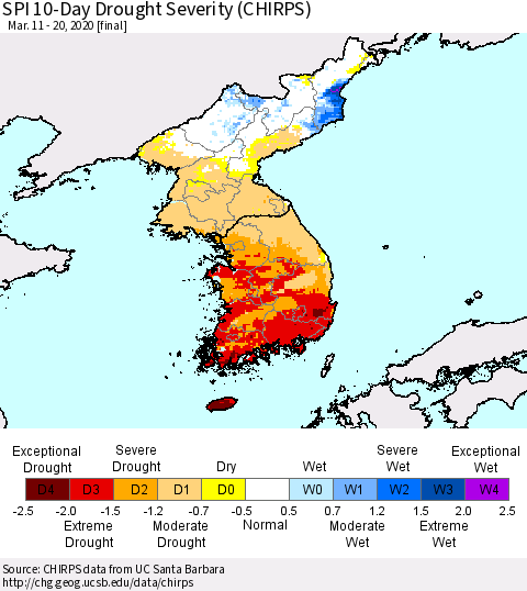 Korea SPI 10-Day Drought Severity (CHIRPS) Thematic Map For 3/11/2020 - 3/20/2020