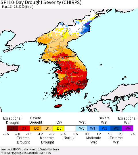 Korea SPI 10-Day Drought Severity (CHIRPS) Thematic Map For 3/16/2020 - 3/25/2020
