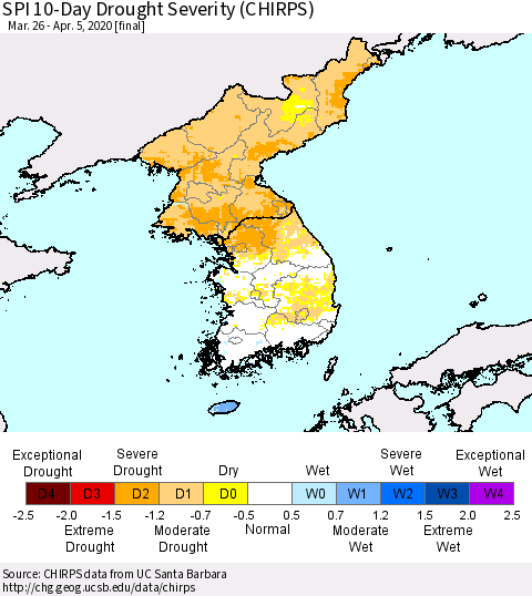 Korea SPI 10-Day Drought Severity (CHIRPS) Thematic Map For 3/26/2020 - 4/5/2020