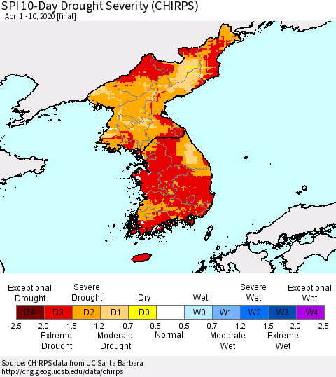Korea SPI 10-Day Drought Severity (CHIRPS) Thematic Map For 4/1/2020 - 4/10/2020