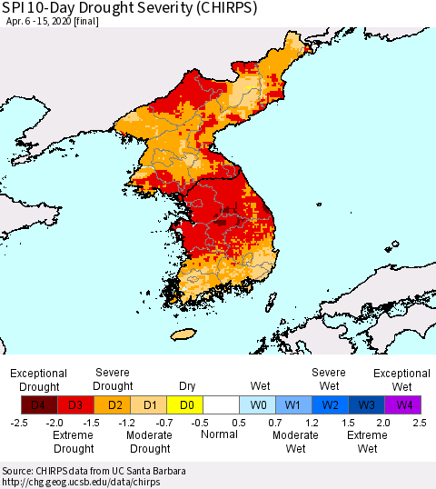 Korea SPI 10-Day Drought Severity (CHIRPS) Thematic Map For 4/6/2020 - 4/15/2020