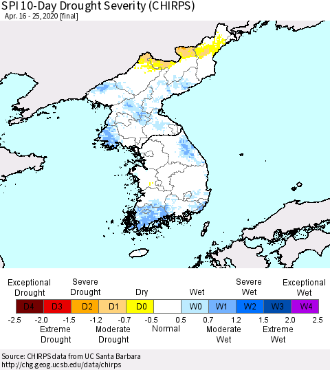Korea SPI 10-Day Drought Severity (CHIRPS) Thematic Map For 4/16/2020 - 4/25/2020