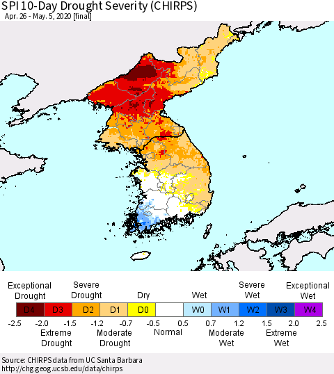 Korea SPI 10-Day Drought Severity (CHIRPS) Thematic Map For 4/26/2020 - 5/5/2020