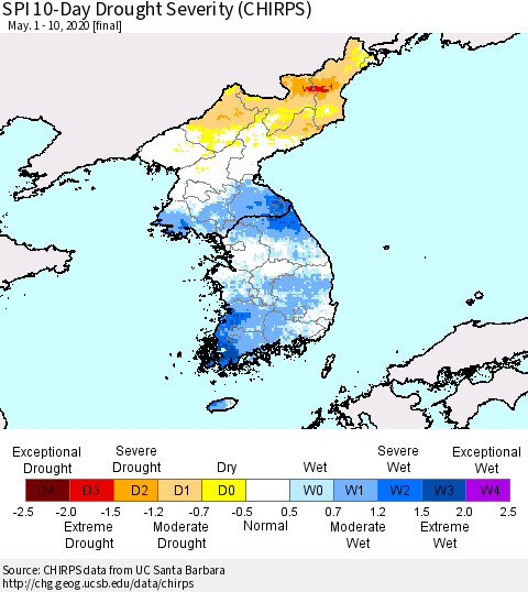 Korea SPI 10-Day Drought Severity (CHIRPS) Thematic Map For 5/1/2020 - 5/10/2020