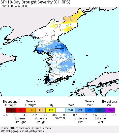 Korea SPI 10-Day Drought Severity (CHIRPS) Thematic Map For 5/6/2020 - 5/15/2020