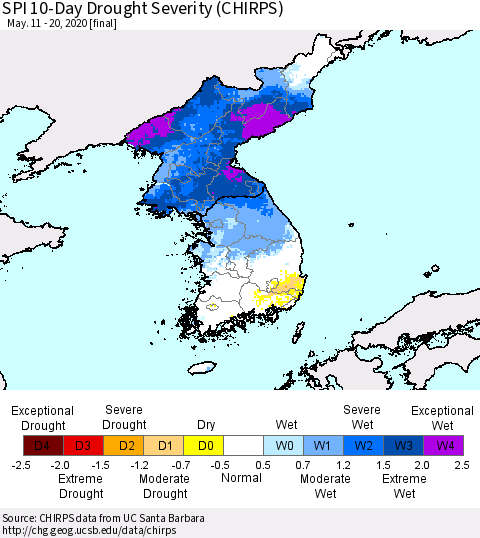 Korea SPI 10-Day Drought Severity (CHIRPS) Thematic Map For 5/11/2020 - 5/20/2020