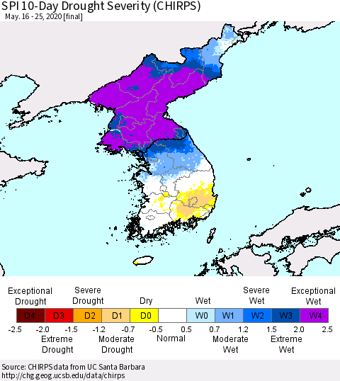 Korea SPI 10-Day Drought Severity (CHIRPS) Thematic Map For 5/16/2020 - 5/25/2020