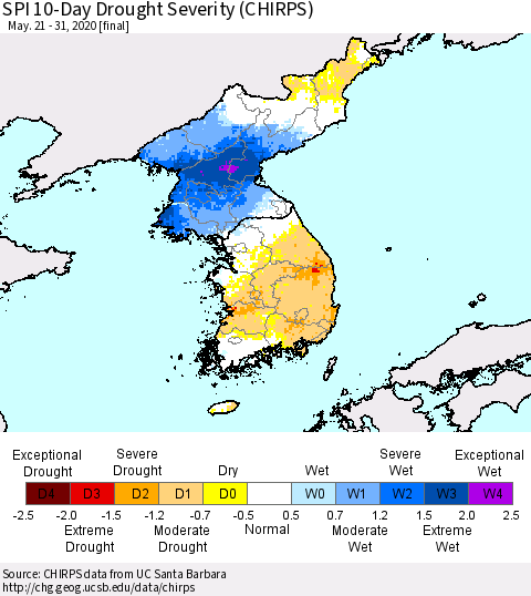 Korea SPI 10-Day Drought Severity (CHIRPS) Thematic Map For 5/21/2020 - 5/31/2020