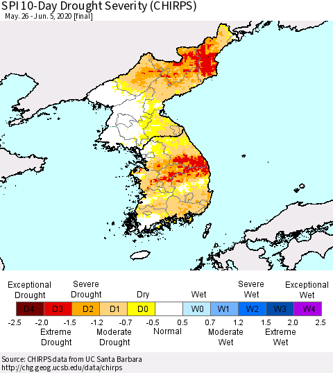 Korea SPI 10-Day Drought Severity (CHIRPS) Thematic Map For 5/26/2020 - 6/5/2020