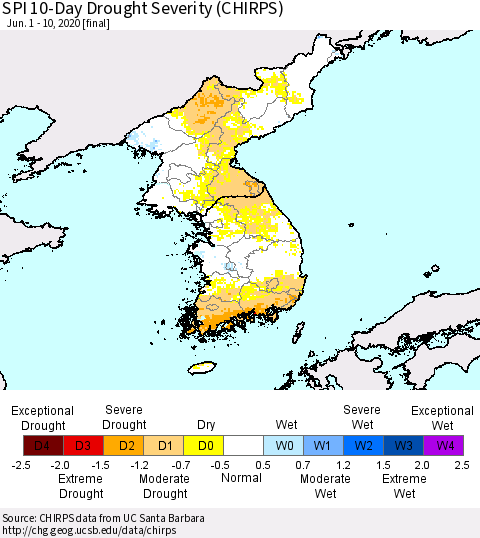 Korea SPI 10-Day Drought Severity (CHIRPS) Thematic Map For 6/1/2020 - 6/10/2020